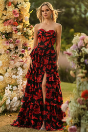 Black Red Flower A Line Sweetheart Corset Ruffled Long Prom Dress with Slit