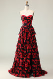 Black Red Flower A Line Sweetheart Corset Tiered Long Prom Dress with Slit