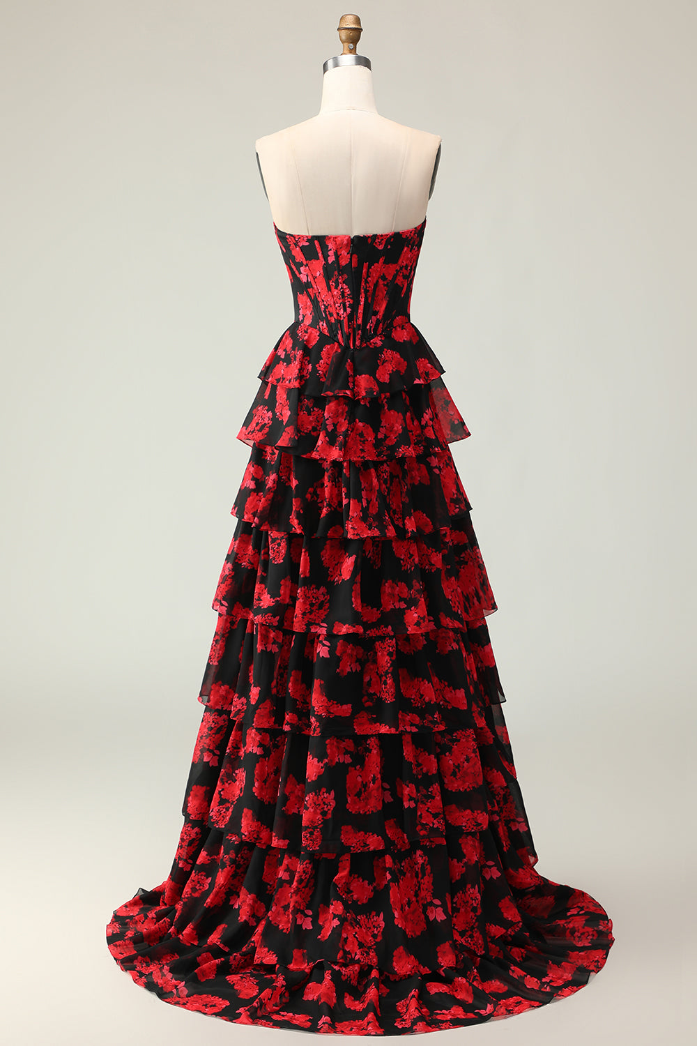 black and red floral prom dress Black and Red Floral Strapless Ruffled Corset Maxi Prom Dress with Slit