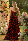 Black Red Flower A Line Sweetheart Corset Ruffled Long Prom Dress with Slit