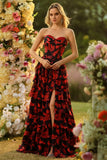 Black Red Flower A Line Sweetheart Corset Ruffled Long Prom Dress with Slit