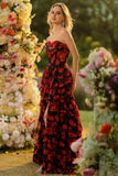 Black Red Flower A Line Sweetheart Corset Ruffled Long Prom Dress with Slit