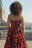 Black Red Flower Sweetheart Corset Tiered A Line Long Plus Size Prom Dress with Slit