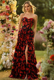 Black Red Flower A Line Sweetheart Corset Ruffled Long Prom Dress with Slit
