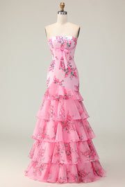 Pink Flower Strapless Tiered Mermaid Long Prom Dress with Ruffles
