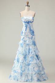 White Blue Flower Mermaid Strapless Tiered Print Long Prom Dress with Ruffles
