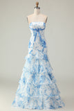 White Blue Flower Mermaid Strapless Tiered Print Long Prom Dress with Ruffles