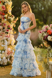 White Blue Flower Strapless Mermaid Tiered Print Long Prom Dress with Ruffles