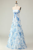 White Blue Flower Mermaid Strapless Tiered Print Long Prom Dress with Ruffles