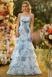 White Blue Flower Strapless Mermaid Tiered Print Long Prom Dress with Ruffles