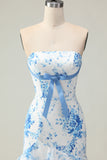 White Blue Flower Mermaid Strapless Tiered Print Long Prom Dress with Ruffles