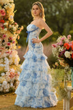 White Blue Flower Strapless Mermaid Tiered Print Long Prom Dress with Ruffles