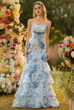 White Blue Flower Strapless Mermaid Tiered Print Long Prom Dress with Ruffles