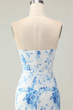 White Blue Flower Mermaid Strapless Tiered Print Long Prom Dress with Ruffles