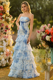 White Blue Flower Strapless Mermaid Tiered Print Long Prom Dress with Ruffles