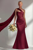 Burgundy Strapless Mermaid Satin Convertible Long Prom Dress with Streamer