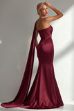 Burgundy Strapless Mermaid Satin Convertible Long Prom Dress with Streamer