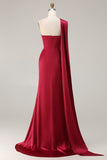 Burgundy Strapless Mermaid Satin Convertible Long Prom Dress with Streamer