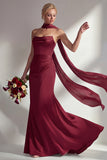 Burgundy Strapless Mermaid Satin Convertible Long Prom Dress with Streamer