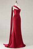 Burgundy Strapless Mermaid Satin Convertible Long Prom Dress with Streamer
