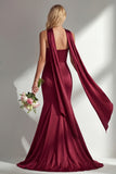 Burgundy Strapless Mermaid Satin Convertible Long Prom Dress with Streamer