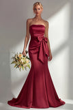 Burgundy Strapless Mermaid Satin Convertible Long Prom Dress with Streamer