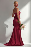 Burgundy Strapless Mermaid Satin Convertible Long Prom Dress with Streamer