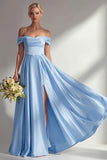Blue A-Line Off The Shoulder Satin Long Bridesmaid Dress with Slit