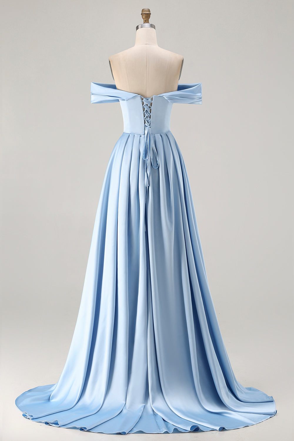 Zapaka Women Blue Long Bridesmaid Dress with Slit A-Line Off The Shoulder Satin Lace Up Back Wedding Guest Dress, Blue / US8 Zapaka Women Blue Long Bridesmaid Dress with Slit A-Line Off The Shoulder Satin Lace Up Back Wedding Guest Dress, Blue / US8