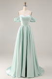 Blue A-Line Off The Shoulder Satin Long Bridesmaid Dress with Slit