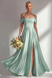 Blue A-Line Off The Shoulder Satin Long Bridesmaid Dress with Slit