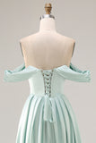 Blue A-Line Off The Shoulder Satin Long Bridesmaid Dress with Slit