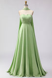 Green White Dot A Line Strapless Pleated Convertible Long Bridesmaid Dress