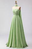 Green White Dot A Line Strapless Pleated Convertible Long Bridesmaid Dress