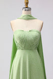Green White Dot A Line Strapless Pleated Convertible Long Bridesmaid Dress