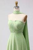 Green White Dot A Line Strapless Pleated Convertible Long Bridesmaid Dress