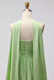 Green White Dot A Line Strapless Pleated Convertible Long Bridesmaid Dress