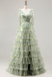 Green A-Line Tiered Ruffle Long Floral Prom Dress with Slit
