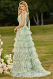 Green A-Line Tiered Ruffle Floral Long Tulle Prom Dress with Slit