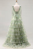 Green A-Line Tiered Ruffle Long Floral Prom Dress with Slit