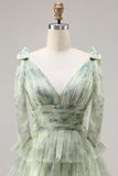 Green A-Line Tiered Ruffle Long Floral Prom Dress with Slit