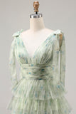 Green A-Line Tiered Ruffle Long Floral Prom Dress with Slit