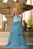 Blue Floral Mermaid Sweetheart Ruffled Long Prom Dress with Slit