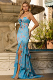 Blue Floral Sweetheart Ruffled Mermaid Long Prom Dress with Slit