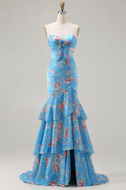 Blue Floral Mermaid Sweetheart Ruffled Long Prom Dress with Slit