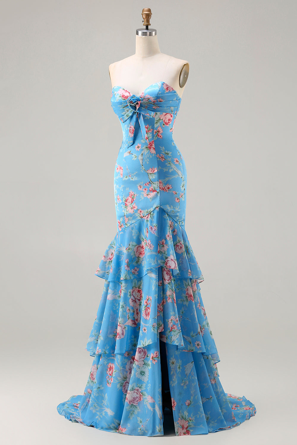 blue prom dress with pink flowers Floral 3D Appliqu Gown with Detachable Cape Sleeves Light Blue & Blush Pink Prom Dress