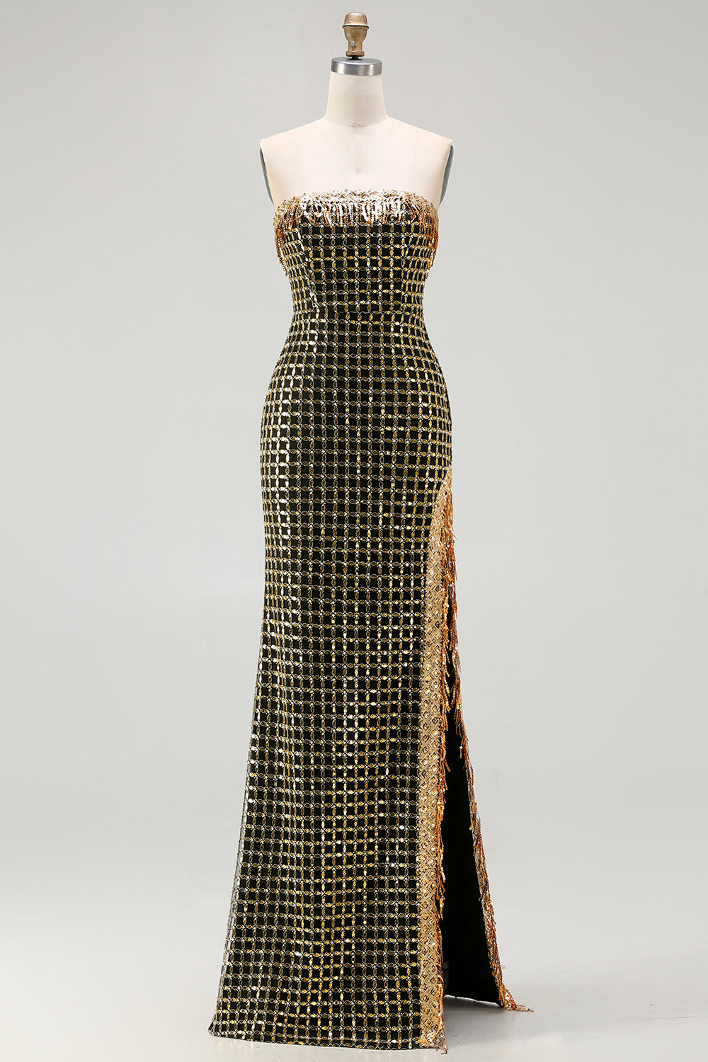 Zapaka Women Sparkly Black Golden Long Prom Dress with Slit Sheath Strapless Sequins Beaded Party Dress with Lace Up Back, Black Golden / US8 Zapaka Women Sparkly Black Golden Long Prom Dress with Slit Sheath Strapless Sequins Beaded Party Dress with Lace Up Back, Black Golden / US8