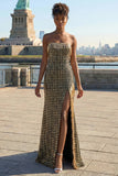 Sparkly Black Golden Strapless Sheath Beaded Sequin Long Prom Dress with Slit