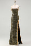 Sparkly Black Golden Strapless Sheath Sequins Beaded Long Prom Dress with Slit