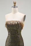 Sparkly Black Golden Strapless Sheath Sequins Beaded Long Prom Dress with Slit